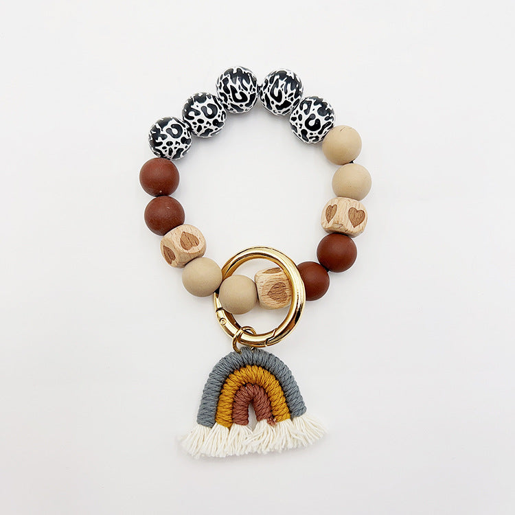 Wholesale Candy Color Silicone Beaded Rainbow Handwoven Tassel Wrist Keychain